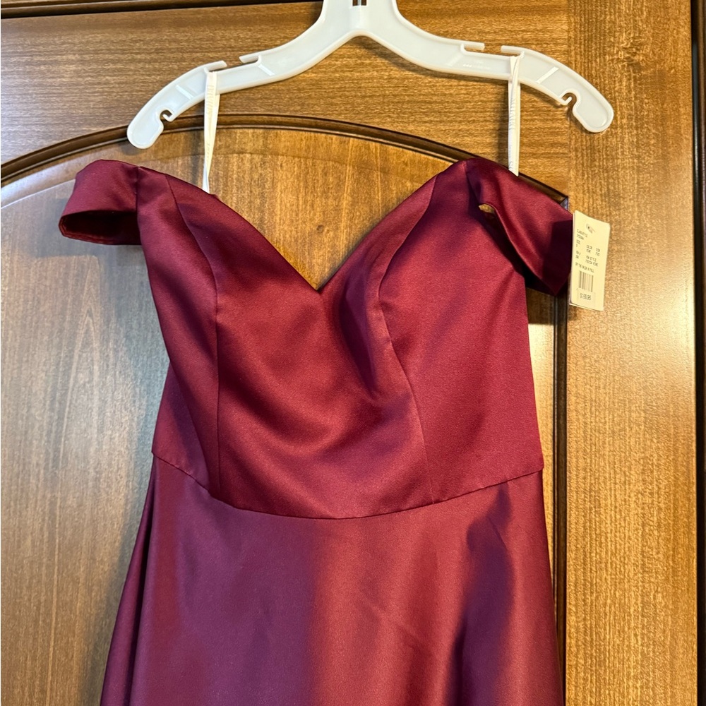 David's Bridal Burgundy Off-Shoulder Dress